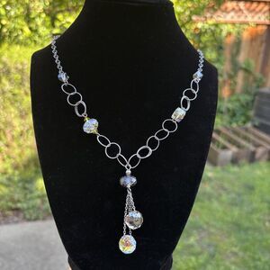 925 Sterling Silver Station Necklace Crystal Dangle Tassel 20in Y2K Minimal